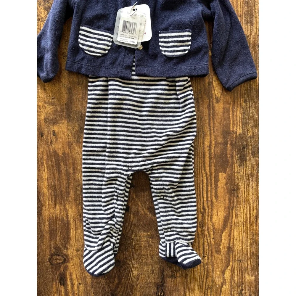 Absorba Paris Baby 2 Piece Set Navy Blue Cardigan Striped Footed Sleeper NWT